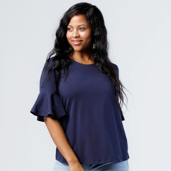 Ethically Made Elbow Bell Sleeve Blouse Navy Blue - Picture 1 of 7